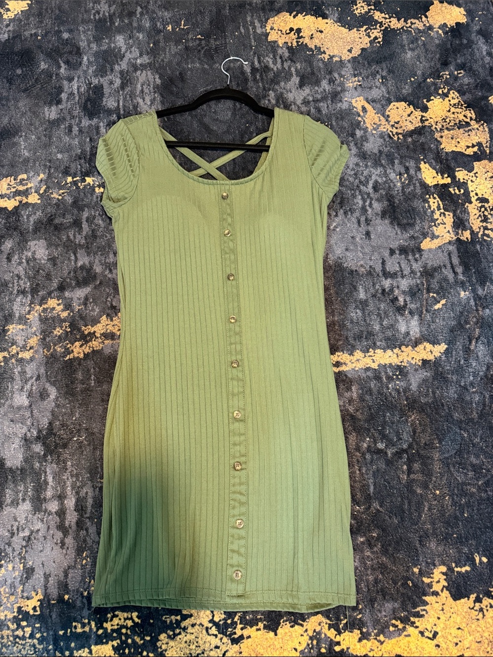 No Boundaries Olive Green Ribbed Button-Front Midi Dress with Cross-Back Straps